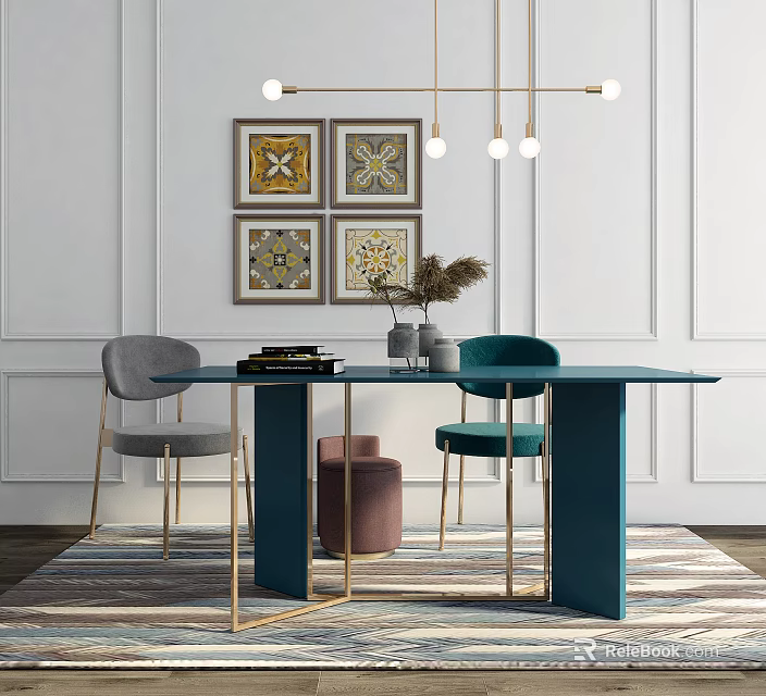 Modern Dining Table Set Green Tabletop Gold Legs Gray Green Chairs Wall Art Pendant Lights 3d model 