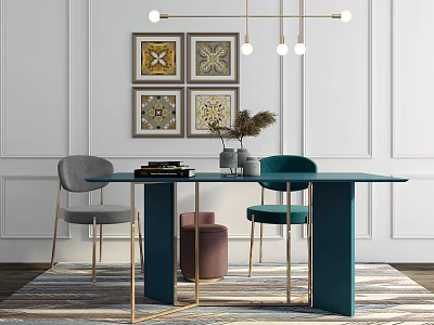 Modern Dining Table Set Green Tabletop Gold Legs Gray Green Chairs Wall Art Pendant Lights 3d model