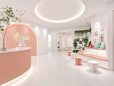 School Reception Area With Pink Desk Circular Ceiling Green Plants And Sofa Seating 3d model
