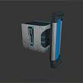 Gray Metallic Industrial Component With Blue Vertical Panel And Textured Surface