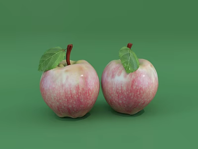 Two Fresh Red Apples with Green Leaves on Top Against a Smooth Green Background 3d model