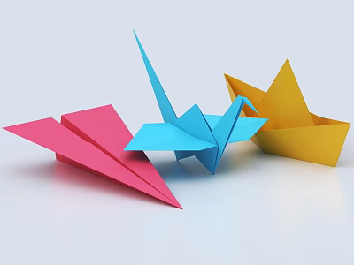 Colorful Origami Sculptures with Pink Paper Airplane Blue Crane and Yellow Boat 3d model