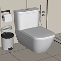 Modern White Toilet with Silver Waste Bin Toilet Paper Holder Tile Wall and Shower Area