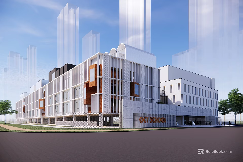 Modern OCT SCHOOL Building Exterior With White Brown Facade Geometric Design And Connected Structures 3d model 