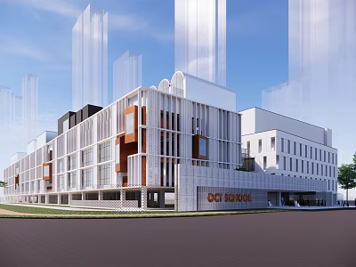 Modern OCT SCHOOL Building Exterior With White Brown Facade Geometric Design And Connected Structures 3d model