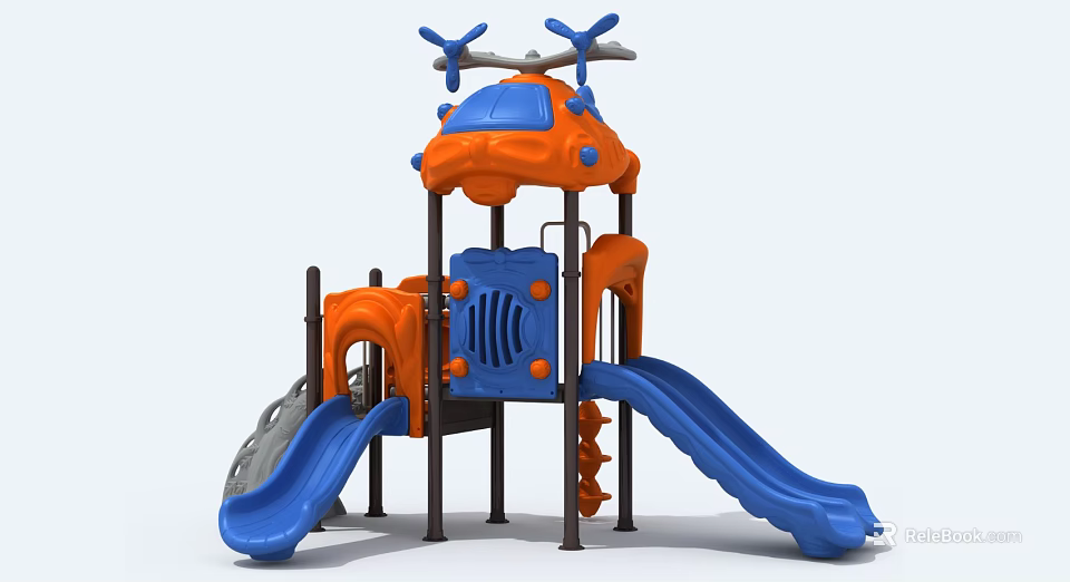 Outdoor Playground Equipment with Helicopter Design Orange Blue Slides and Climbing Features 3d model 