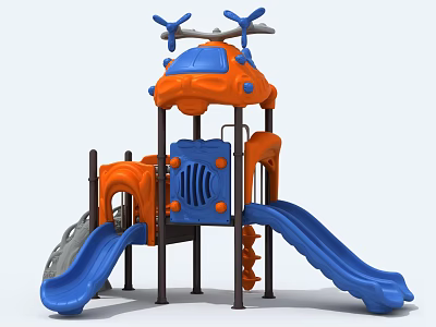 Outdoor Playground Equipment with Helicopter Design Orange Blue Slides and Climbing Features 3d model