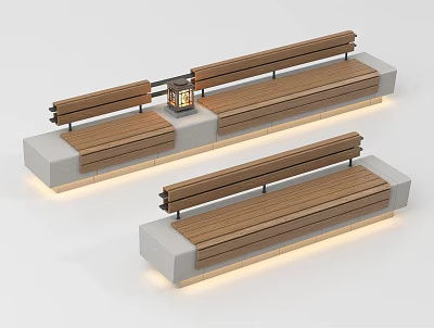 Modern Landscape Benches With Wooden Seats Concrete Bases And Under Seat Lighting 3d model