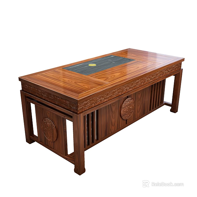 Traditional Style Solid Wood Tea Table with Carved Design Circular Patterns and Built-in Tea Tray 3d model