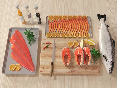 Fresh Salmon Fillets And Whole Salmon With Sliced Lemons Fresh Herbs Kitchen Knife And Seasoning Bottles 3d model