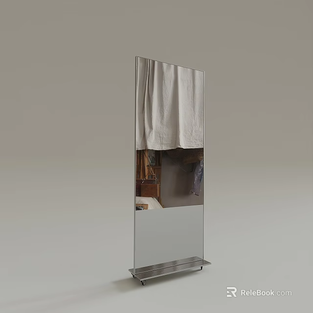 Full Length Floor Mirror With Metal Stand Reflecting Curtain In Modern Room Interior 3d model 
