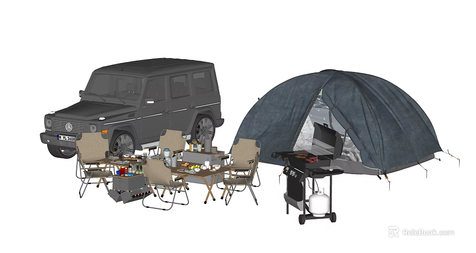 Black Camping Tent Setup with SUV Chairs Table and Outdoor Gear 3d model 
