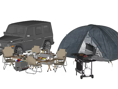 Black Camping Tent Setup with SUV Chairs Table and Outdoor Gear 3d model