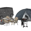 Black Camping Tent Setup with SUV Chairs Table and Outdoor Gear