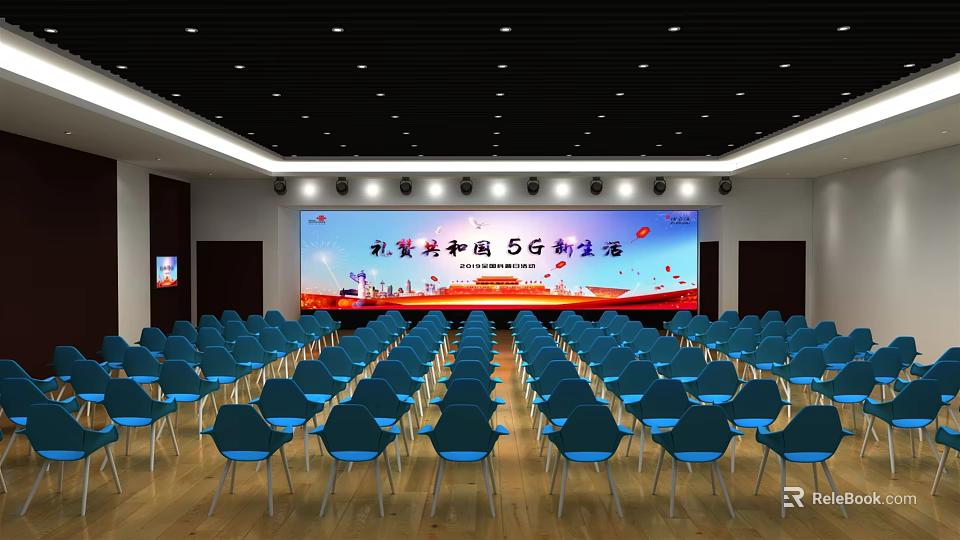 Modern Auditorium Style Conference Room With Neatly Arranged Blue Chairs And Large Screen 3d model 