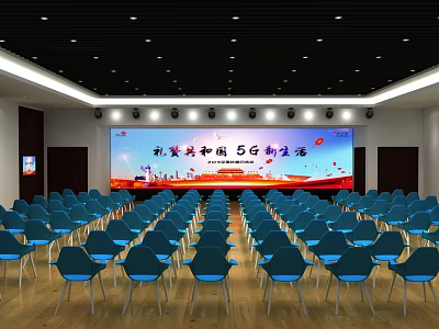 Modern Auditorium Style Conference Room With Neatly Arranged Blue Chairs And Large Screen 3d model