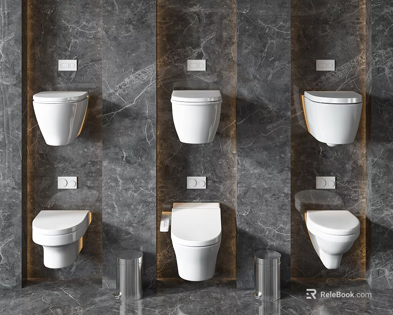 Modern Wall Mounted Toilets Arranged On Grey Marble Bathroom Wall With Metal Bins 3d model 