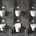 Modern Wall Mounted Toilets Arranged On Grey Marble Bathroom Wall With Metal Bins