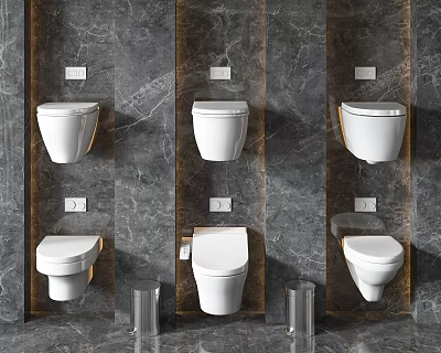 Modern Wall Mounted Toilets Arranged On Grey Marble Bathroom Wall With Metal Bins 3d model
