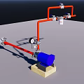 Industrial Equipment System With Red Pipes Blue Pump Valves And Pressure Gauge