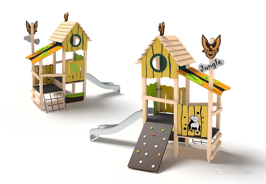 Wooden Jungle Themed Playground Equipment With House Shaped Tops Slide And Climbing Net 3d model 
