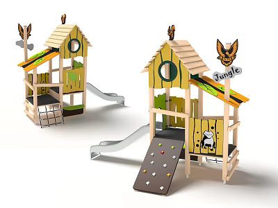 Wooden Jungle Themed Playground Equipment With House Shaped Tops Slide And Climbing Net 3d model