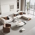 Modern Living Room Interior With White L shaped Sofa Brown Armchair And Round Coffee Table