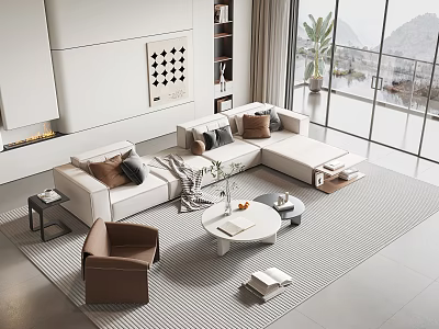 Modern Living Room Interior With White L shaped Sofa Brown Armchair And Round Coffee Table 3d model