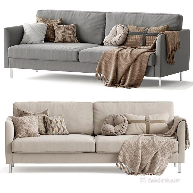 Comfortable Modern Two-Seater Sofa Interior With Decorative Pillows And Knitted Blanket 3d model 