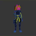 3D Anthropomorphic Red Fox Character In Black Yellow Suit Holding Weapon