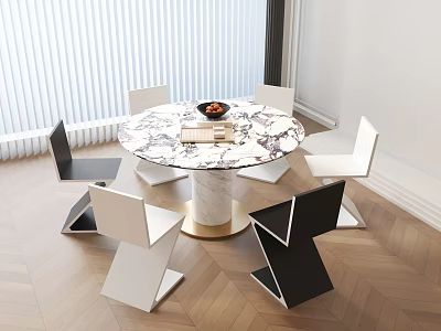 Modern Dining Table Set with Marble Tabletop Golden Base and Black White Chairs 3d model