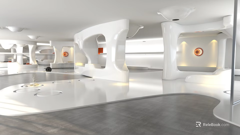 Modern Exhibition Hall Interior Design With White Curved Open Space And Circular Lighting Decorations 3d model 