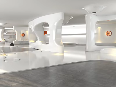 Modern Exhibition Hall Interior Design With White Curved Open Space And Circular Lighting Decorations 3d model