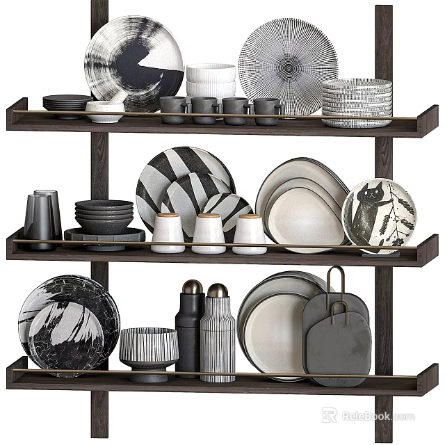 Modern Minimalist Dinnerware Set With Ceramic Plates Bowls Mugs And Shakers On Wooden Shelves 3d model 