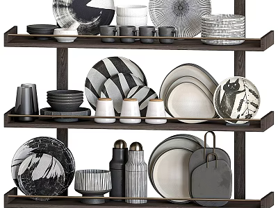 Modern Minimalist Dinnerware Set With Ceramic Plates Bowls Mugs And Shakers On Wooden Shelves 3d model