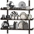 Modern Minimalist Dinnerware Set With Ceramic Plates Bowls Mugs And Shakers On Wooden Shelves
