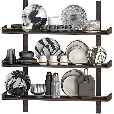 Modern Minimalist Dinnerware Set With Ceramic Plates Bowls Mugs And Shakers On Wooden Shelves 3d model