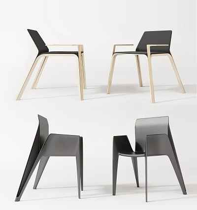 Modern Minimalist Single Chair Design With Wooden Legs And Black Leather Seat 3d model