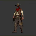 Western Themed Man Wearing Cowboy Hat Red Bandana Vest Leather Belt And Pistol Outfit