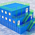 Blue Container Building with Multi Level Structure Green Railings and Stairs 3d model