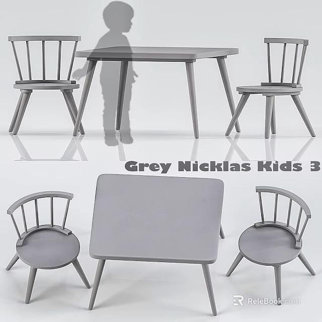 Grey Nicklas Kids 3 Piece Table And Chair Set For Children 3d model 