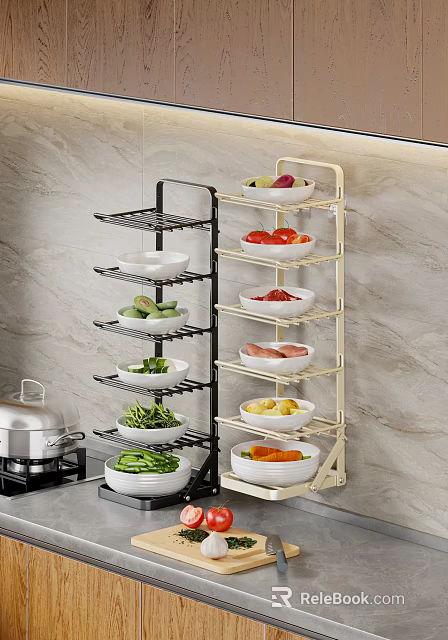 Multi Layer Kitchen Shelf Organizing Fresh Food Bowls with Vegetables and Potatoes 3d model 
