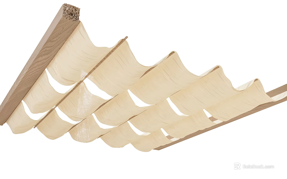 Beige Wavy Layered Ceiling Drapery Design With Wooden Frame Accents 3d model 