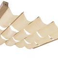 Beige Wavy Layered Ceiling Drapery Design With Wooden Frame Accents