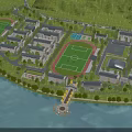 Aerial Campus Planning View With Buildings Football Field Swimming Pool And Waterfront Greenery