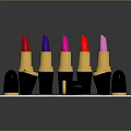 Colorful Lipsticks With Black Cases And Gold Bases Open Closed On Wooden Tray