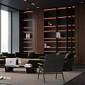 Modern Luxurious Living Room With Large Windows Dark Wooden Bookshelves Green Sofa And Floor Lamp