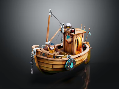 Cartoon Style 3D Wooden Boat Model With Mast Small Cabin Anchor And Chain 3d model