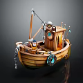 Cartoon Style 3D Wooden Boat Model With Mast Small Cabin Anchor And Chain