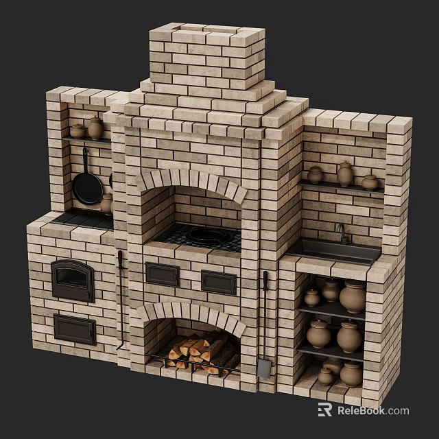 Traditional Brick Kitchen Cabinets With Storage Shelves Clay Pots And Hanging Pans 3d model 